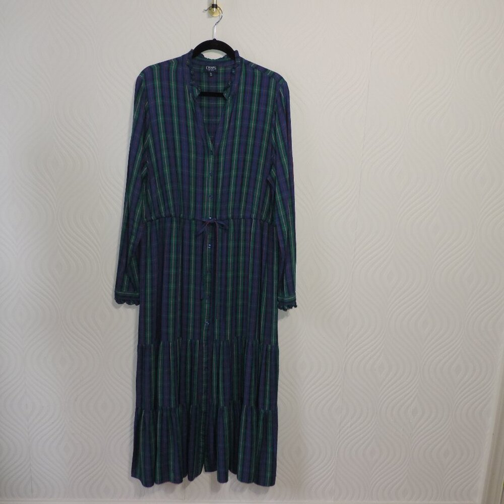 CHAPS RALPH LAUREN Blue Green Pink Plaid Tiered Maxi Dress Long Sleeve sz XL